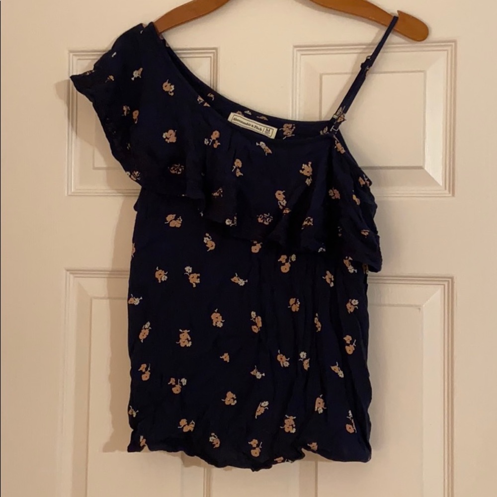 A&F Navy and Floral One Shoulder Flirty Top